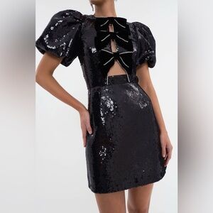 Rebecca Vallance Lena Sequined Bow Mini Black Dress